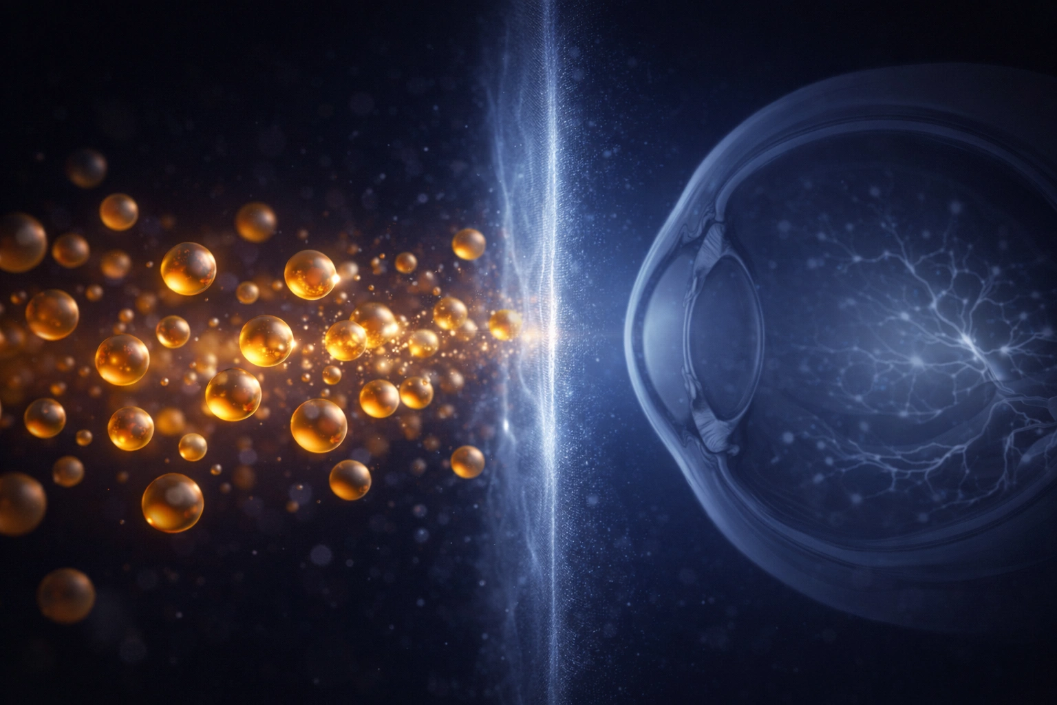Scientific visualization showing golden omega-3 particles clustered against a glowing blue barrier membrane, with a dim unfed eye silhouette visible beyond — illustrating standard fish oil's inability to cross the blood-retinal barrier