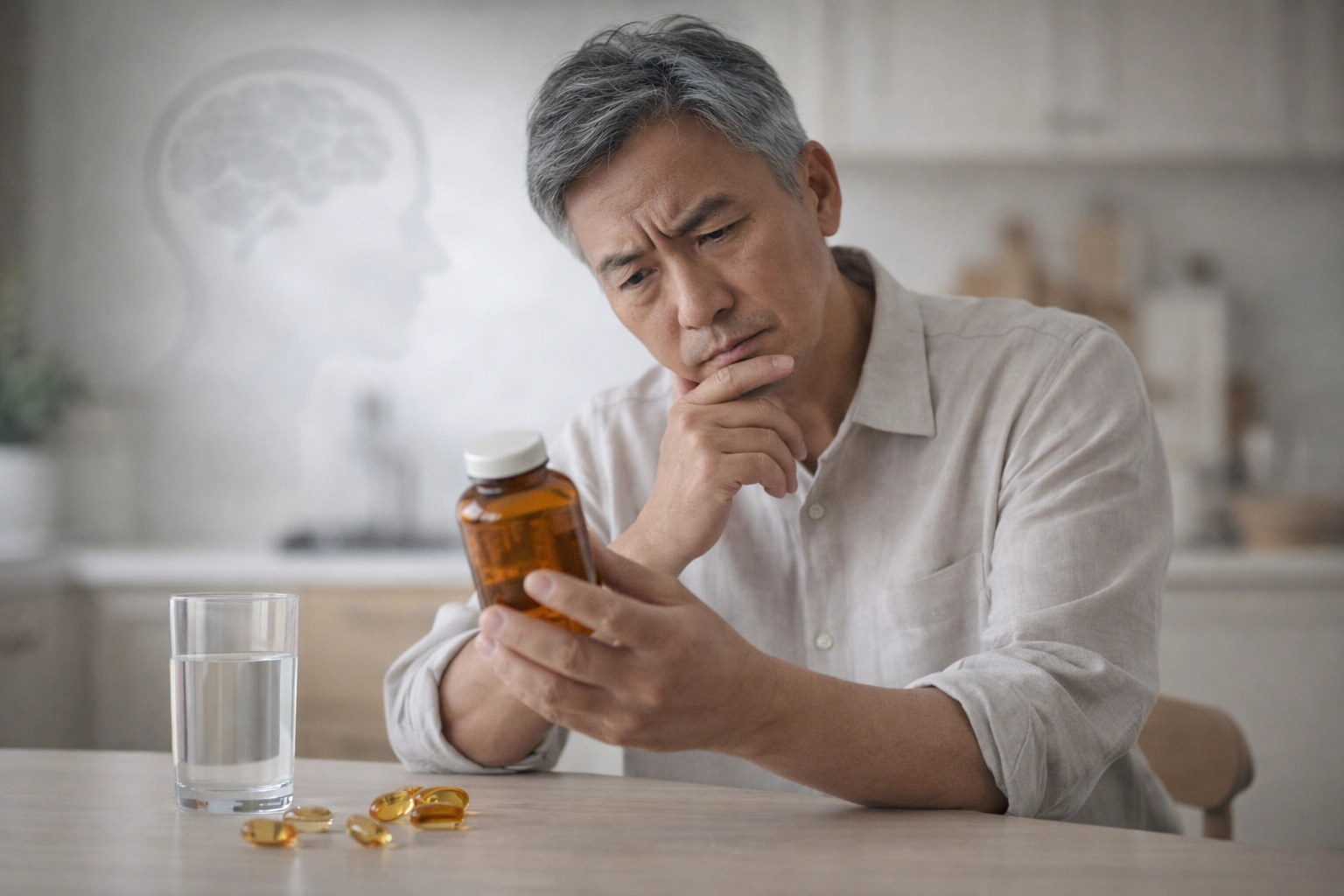 Overhead view of multiple amber fish oil supplement bottles with white labels surrounded by hundreds of scattered golden omega-3 softgel capsules on white marble surface