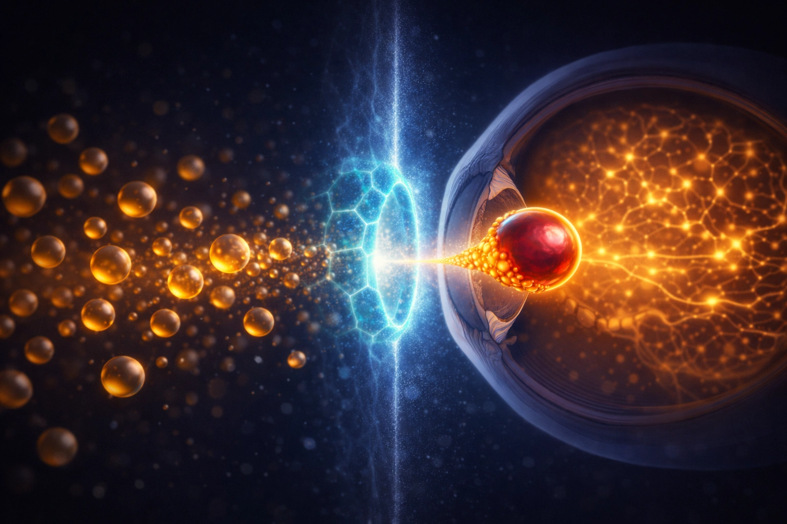 Scientific visualization showing a ruby-red LPC molecule with golden halo passing through a glowing cyan Mfsd2a gateway, with an illuminated golden retinal network beyond — illustrating direct eye delivery