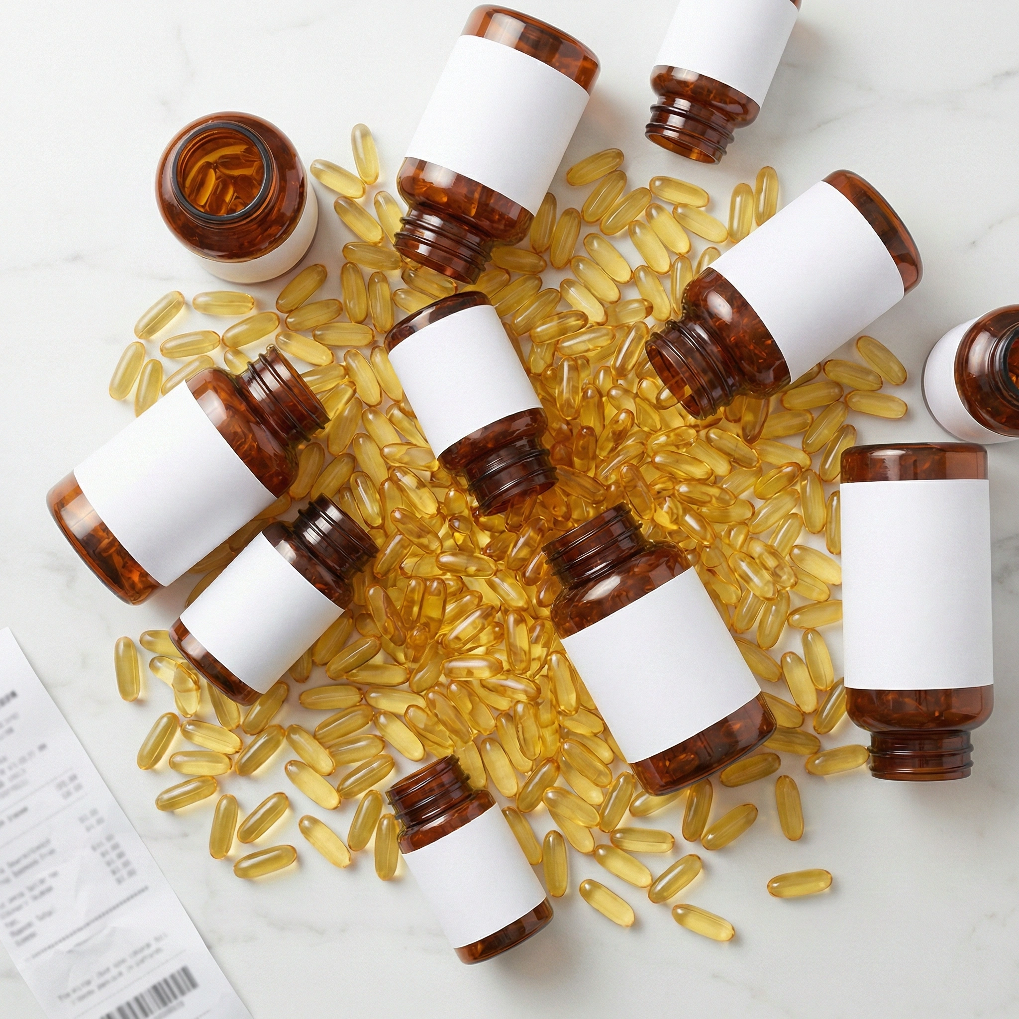 Overhead view of multiple amber fish oil supplement bottles with white labels surrounded by hundreds of scattered golden omega-3 softgel capsules on white marble surface