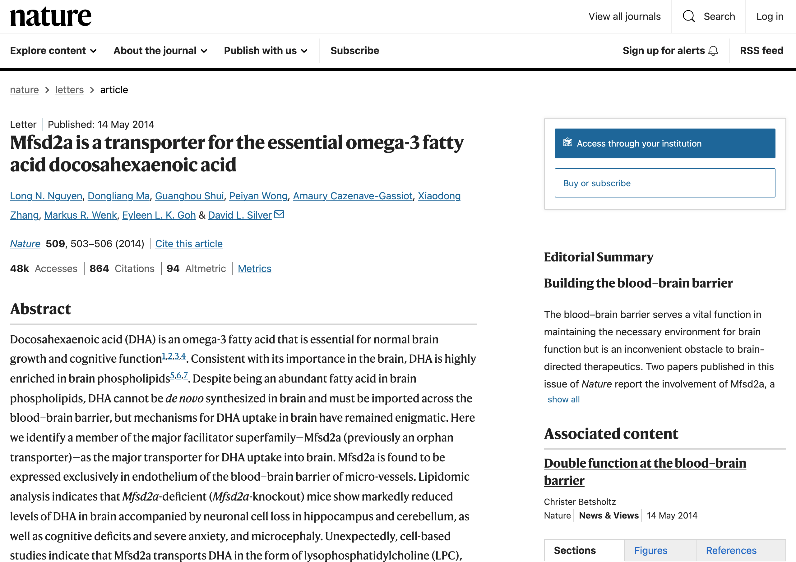 Screenshot of Nature journal article titled "Mfsd2a is a transporter for the essential omega-3 fatty acid docosahexaenoic acid" published May 14, 2014, showing 48k accesses and 864 citations